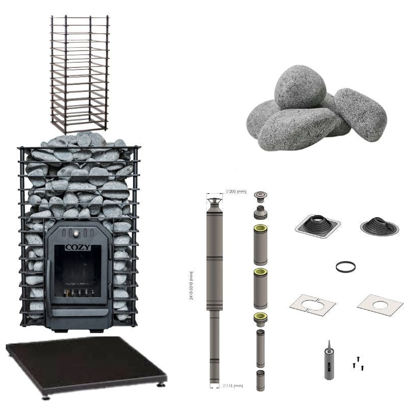 Image of the Cozy 12 Quattro Sauna heater complete set: incl. heater with front firing, Stone basket, 120 kg sauna stones, chimney system, base plate, front cover, wall duct and accessories - ideal for saunas from 6-13 m³.