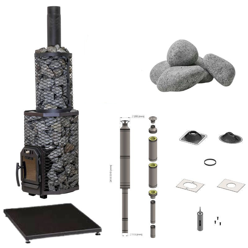 Image of the Cozy 18-TW Sauna heater complete set: wood-fired Sauna heater with side firing through the wall, incl. 160 kg sauna stones, chimney, base plate, wall duct, Front cover and accessories - ideal for large saunas up to 22 m³.